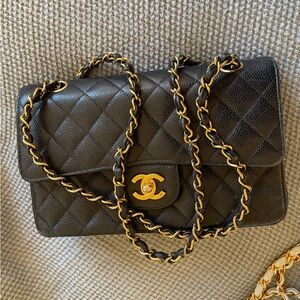 Authentic Chanel Small Caviar Leather 24K Gold Double Flap Black Quilted Bag